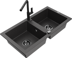 Mexen Mario granite sink 2-bowl with Flora kitchen tap, black speckled - 6504-76-670401-70-B