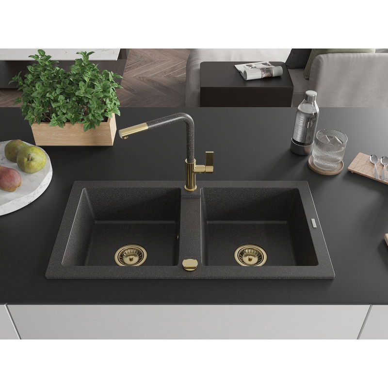 Mexen Mario granite kitchen sink 2-bowl with Flora kitchen tap, black speckled - 6504-76-670401-75-G