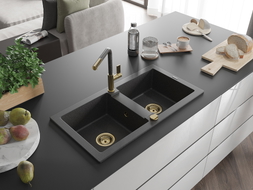 Mexen Mario granite double-bowl kitchen sink with Flora kitchen faucet, black speckled - 6504-76-670401-75-G