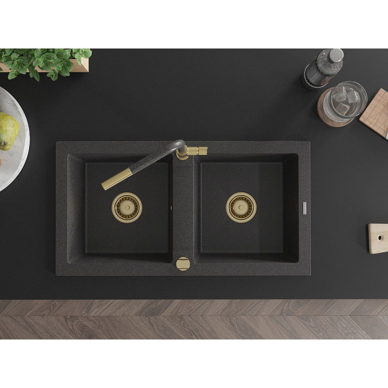Mexen Mario granite kitchen sink 2-bowl with Flora kitchen tap, black speckled - 6504-76-670401-75-G