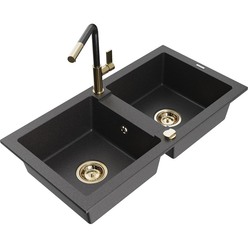 Mexen Mario 2-chamber granite sink with Flora kitchen faucet, black speckled - 6504-76-670401-75-G