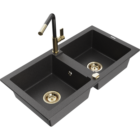 Mexen Mario granite double-bowl kitchen sink with Flora kitchen faucet, black speckled - 6504-76-670401-75-G