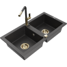 Mexen Mario granite double-bowl kitchen sink with Flora kitchen faucet, black speckled - 6504-76-670401-75-G