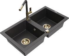 Mexen Mario granite double-bowl kitchen sink with Flora kitchen faucet, black speckled - 6504-76-670401-75-G