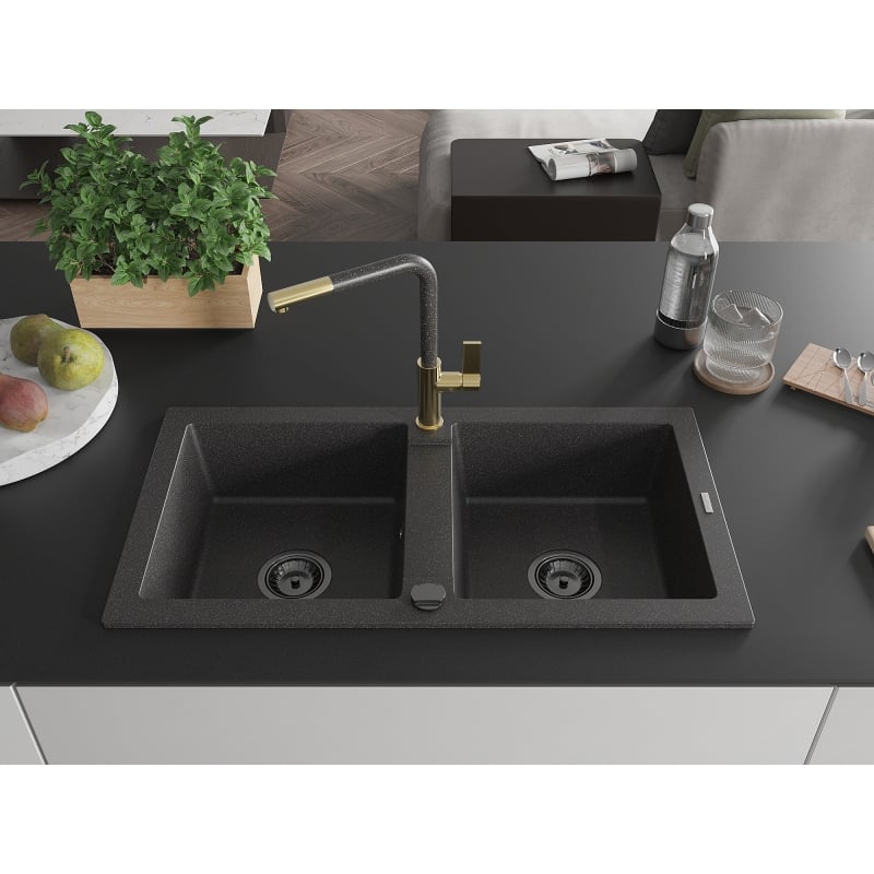Mexen Mario granite double-bowl sink with Flora kitchen faucet, speckled black - 6504-76-670401-75-B