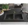 Mexen Mario granite double-bowl sink with Flora kitchen faucet, speckled black - 6504-76-670401-75-B