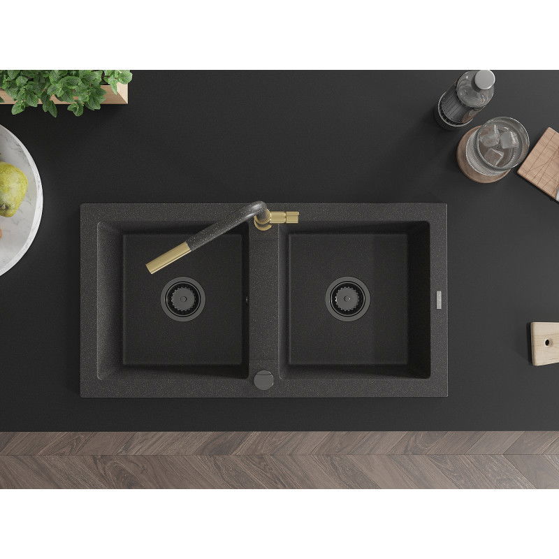 Mexen Mario granite sink 2-bowl with Flora kitchen tap, black speckled - 6504-76-670401-75-B