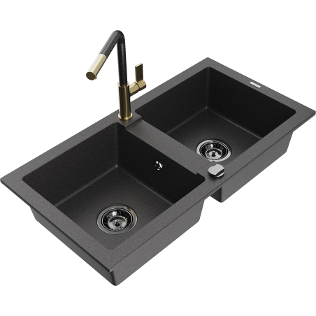 Mexen Mario 2-bowl granite sink with Flora kitchen faucet, speckled black - 6504-76-670401-75-B