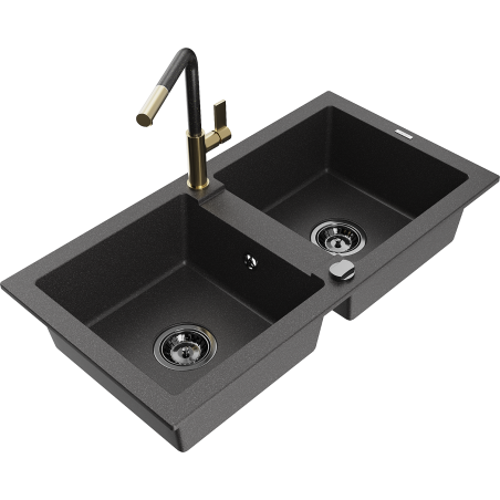 Mexen Mario granite double-bowl sink with Flora kitchen faucet, speckled black - 6504-76-670401-75-B