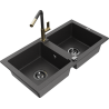 Mexen Mario 2-bowl granite sink with Flora kitchen faucet, speckled black - 6504-76-670401-75-B