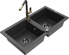 Mexen Mario granite double-bowl sink with Flora kitchen faucet, speckled black - 6504-76-670401-75-B