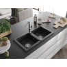 Mexen Mario granite sink 2-bowl with Flora kitchen tap, black - 6504-77-670401-00