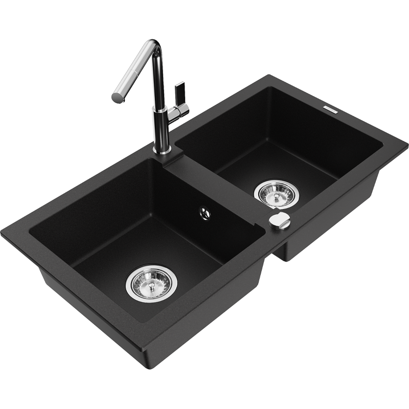Mexen Mario 2-compartment granite sink with a kitchen mixer tap Flora, Black - 6504-77-670401-00
