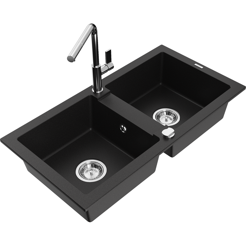 Mexen Mario granite sink 2-bowl with Flora kitchen tap, black - 6504-77-670401-00