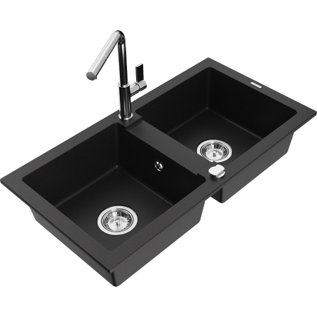 Mexen Mario granite double-bowl kitchen sink with Flora kitchen faucet, black - 6504-77-670401-00