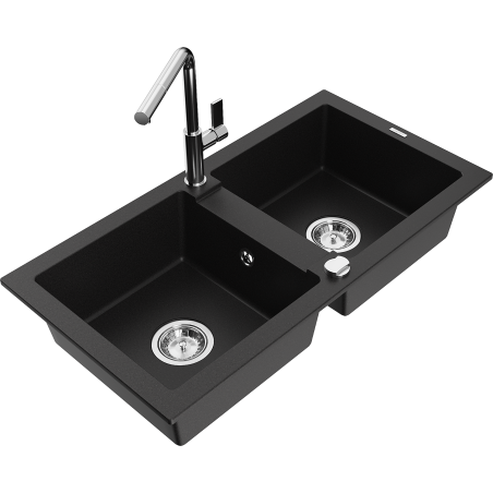 Mexen Mario granite sink 2-bowl with Flora kitchen tap, black - 6504-77-670401-00