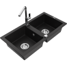 Mexen Mario granite double-bowl kitchen sink with Flora kitchen faucet, black - 6504-77-670401-00