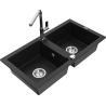 Mexen Mario granite double-bowl sink with Flora kitchen faucet, black - 6504-77-670401-00