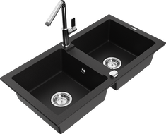 Mexen Mario granite double-bowl kitchen sink with Flora kitchen faucet, black - 6504-77-670401-00
