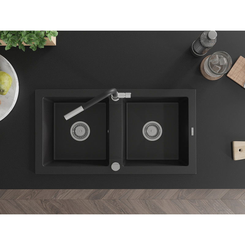 Mexen Mario granite kitchen sink 2-bowl with Flora kitchen tap, black - 6504-77-670401-07