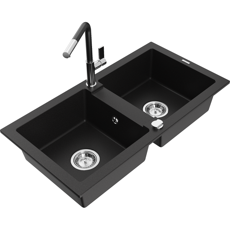 Mexen Mario 2-compartment granite sink with a kitchen mixer tap Flora, Black - 6504-77-670401-07