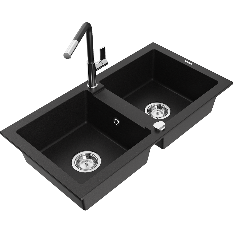 Mexen Mario granite kitchen sink 2-bowl with Flora kitchen tap, black - 6504-77-670401-07