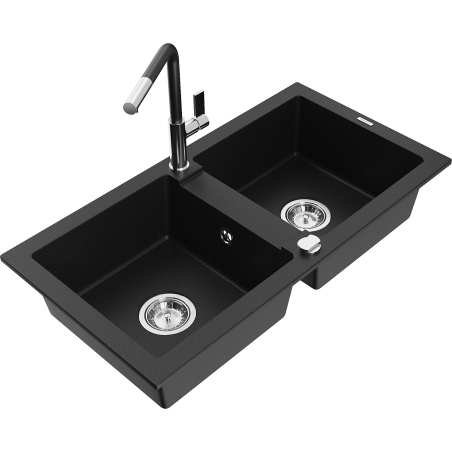 Mexen Mario granite kitchen sink 2-bowl with Flora kitchen faucet, black - 6504-77-670401-07