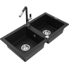 Mexen Mario granite kitchen sink 2-bowl with Flora kitchen faucet, black - 6504-77-670401-07