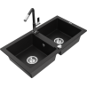 Mexen Mario granite kitchen sink with 2 bowls and Flora kitchen faucet, black - 6504-77-670401-07