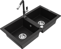 Mexen Mario granite kitchen sink with 2 bowls and Flora kitchen faucet, black - 6504-77-670401-07