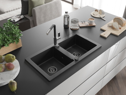Mexen Mario 2-bowl granite sink with Flora kitchen faucet, black - 6504-77-670401-07-B
