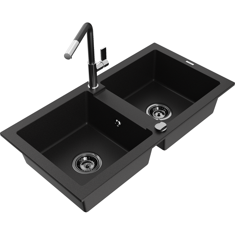 Mexen Mario 2-compartment granite sink with a kitchen mixer tap Flora, Black - 6504-77-670401-07-B