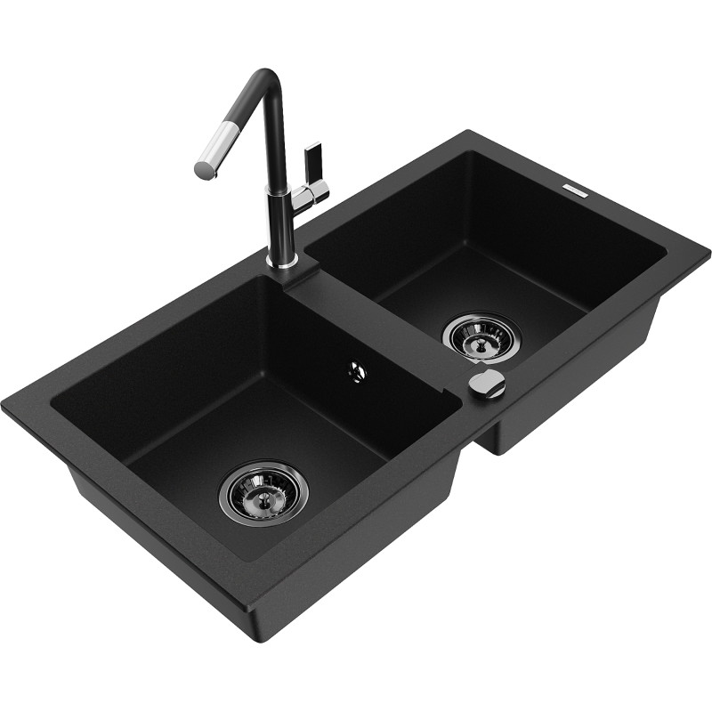 Mexen Mario 2-compartment granite sink with Flora kitchen faucet, black - 6504-77-670401-07-B