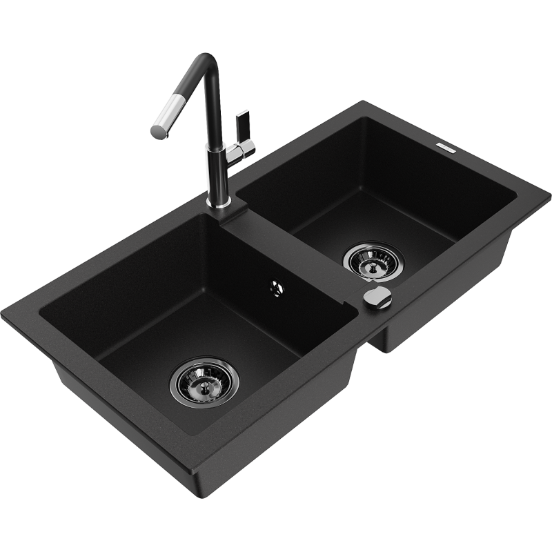 Mexen Mario granite double-bowl sink with Flora kitchen tap, black - 6504-77-670401-07-B