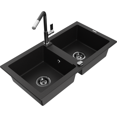 Mexen Mario 2-bowl granite sink with Flora kitchen faucet, black - 6504-77-670401-07-B