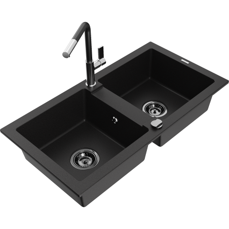 Mexen Mario granite double-bowl sink with Flora kitchen tap, black - 6504-77-670401-07-B