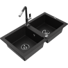 Mexen Mario 2-bowl granite sink with Flora kitchen faucet, black - 6504-77-670401-07-B