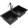 Mexen Mario 2-compartment granite sink with Flora kitchen faucet, black - 6504-77-670401-07-B