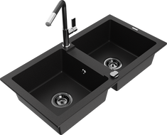 Mexen Mario granite double-bowl sink with Flora kitchen tap, black - 6504-77-670401-07-B