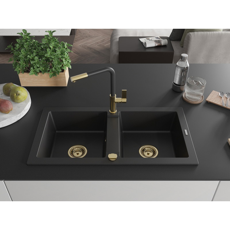 Mexen Mario granite double bowl kitchen sink with Flora faucet, black - 6504-77-670401-57-G