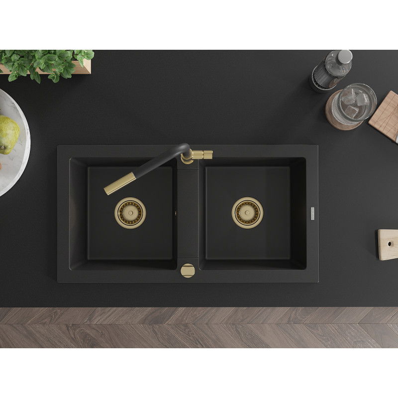 Mexen Mario granite 2-bowl kitchen sink with Flora tap, black - 6504-77-670401-57-G