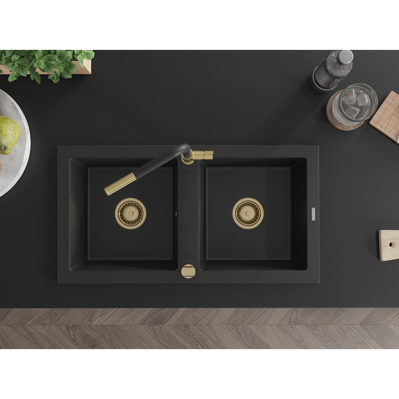 Mexen Mario granite double bowl kitchen sink with Flora faucet, black - 6504-77-670401-57-G