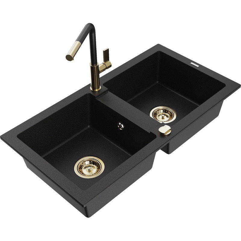 Mexen Mario 2-bowl granite kitchen sink with Flora faucet, black - 6504-77-670401-57-G