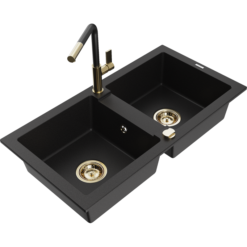 Mexen Mario 2-compartment granite sink with a kitchen mixer tap Flora, Black - 6504-77-670401-57-G