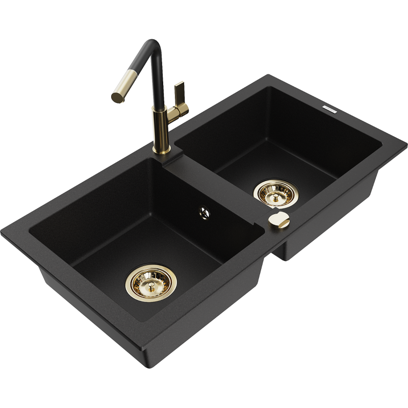 Mexen Mario granite 2-bowl kitchen sink with Flora tap, black - 6504-77-670401-57-G