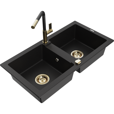 Mexen Mario 2-bowl granite kitchen sink with Flora faucet, black - 6504-77-670401-57-G