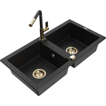 Mexen Mario granite double bowl kitchen sink with Flora faucet, black - 6504-77-670401-57-G
