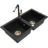 Mexen Mario granite 2-bowl kitchen sink with Flora tap, black - 6504-77-670401-57-G