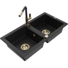 Mexen Mario granite double bowl kitchen sink with Flora faucet, black - 6504-77-670401-57-G