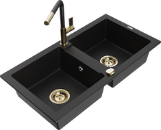 Mexen Mario granite 2-bowl kitchen sink with Flora tap, black - 6504-77-670401-57-G